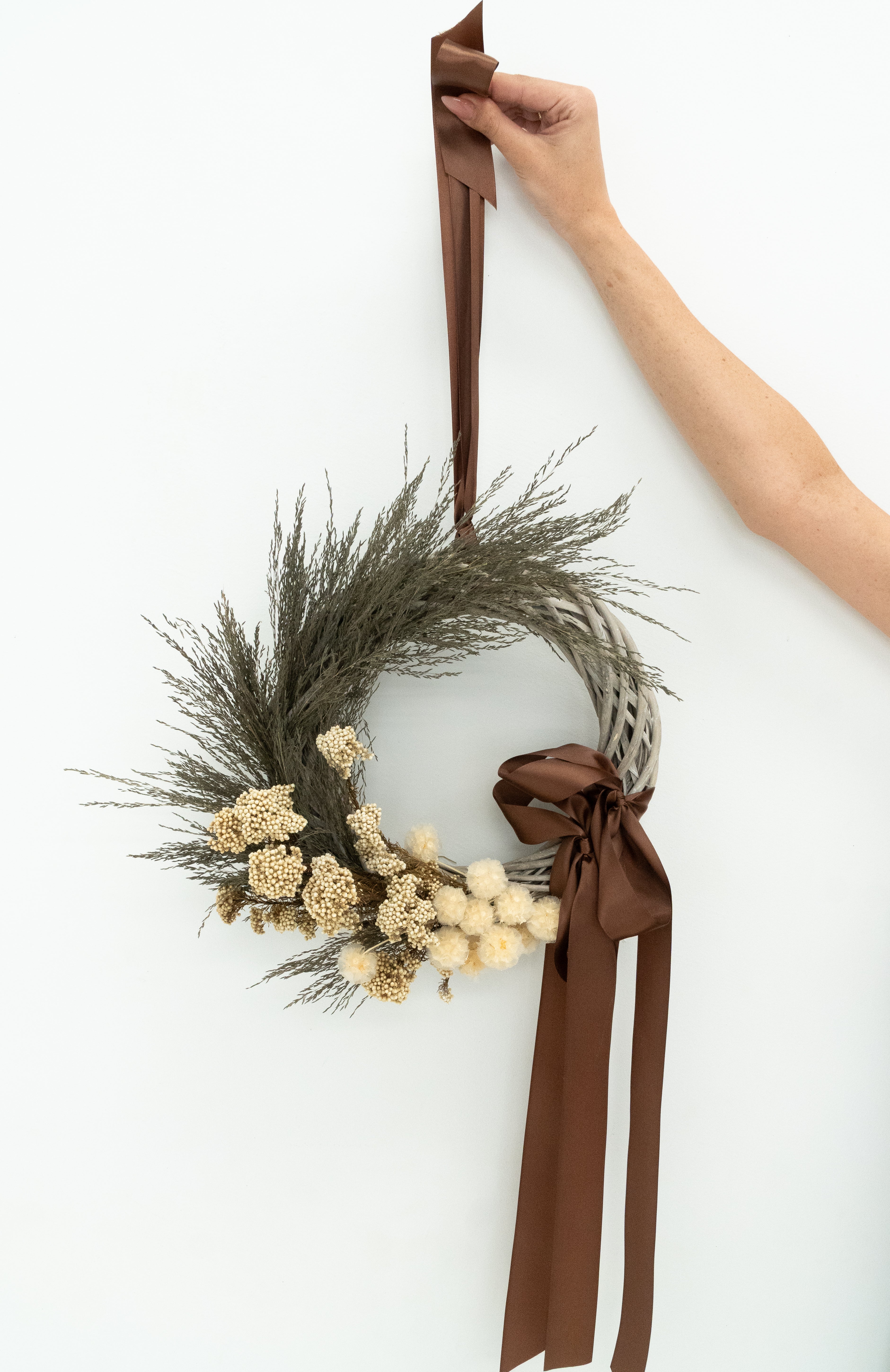 Dried Love Grass, Preserved Rice Flower and Scabiosa Wreath with Chocolate Double Bow