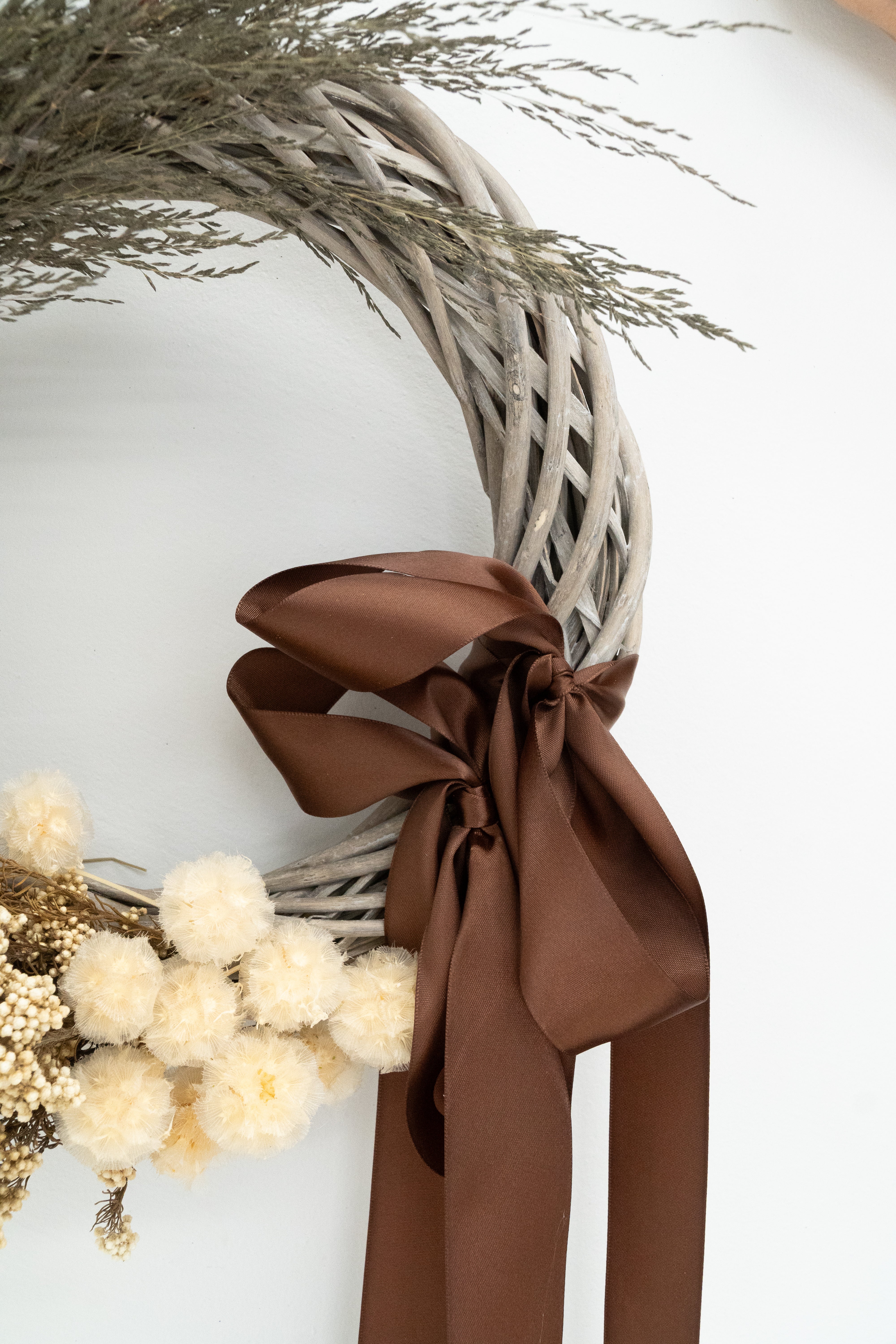 Dried Love Grass, Preserved Rice Flower and Scabiosa Wreath with Chocolate Double Bow