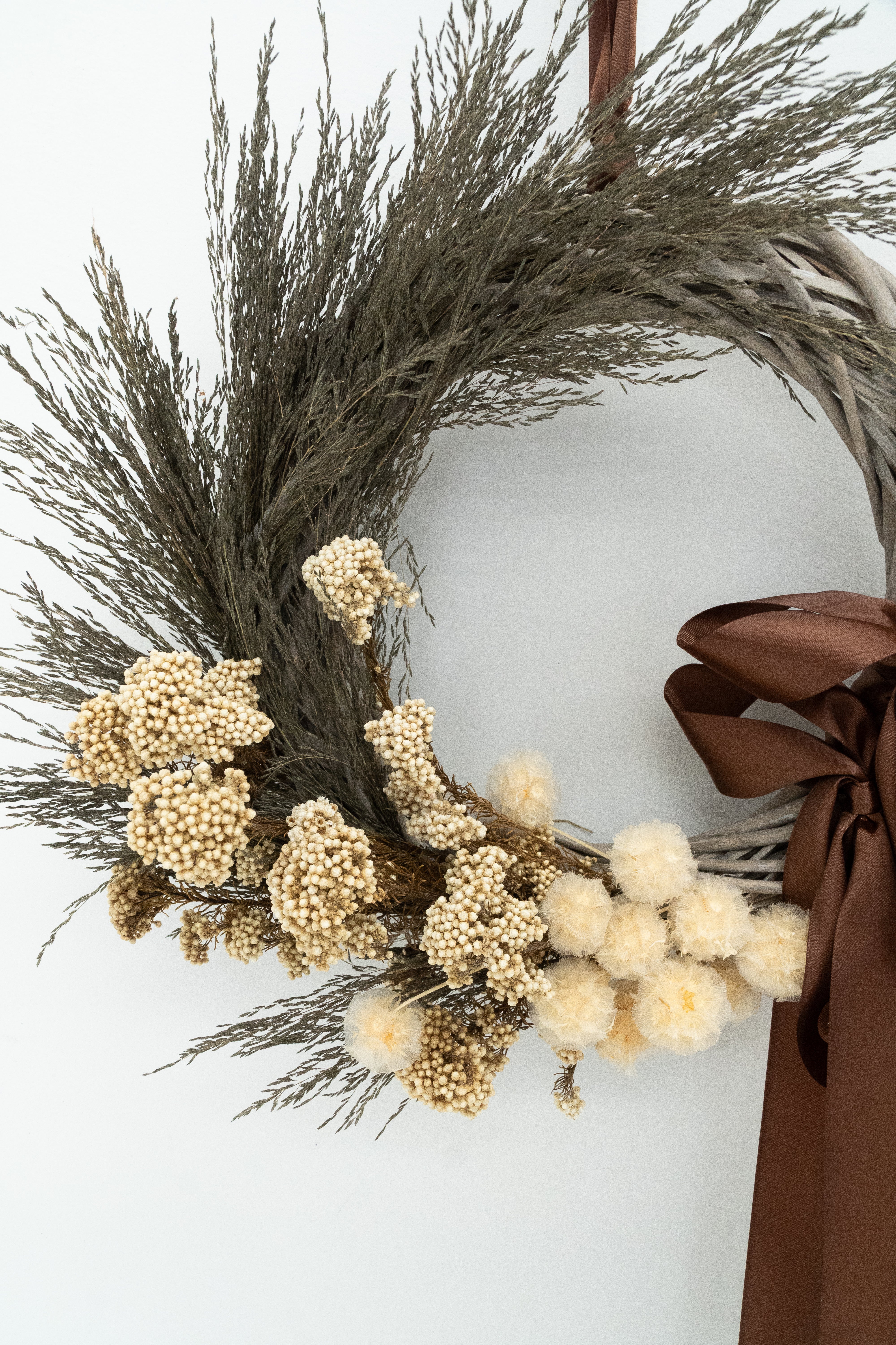 Dried Love Grass, Preserved Rice Flower and Scabiosa Wreath with Chocolate Double Bow